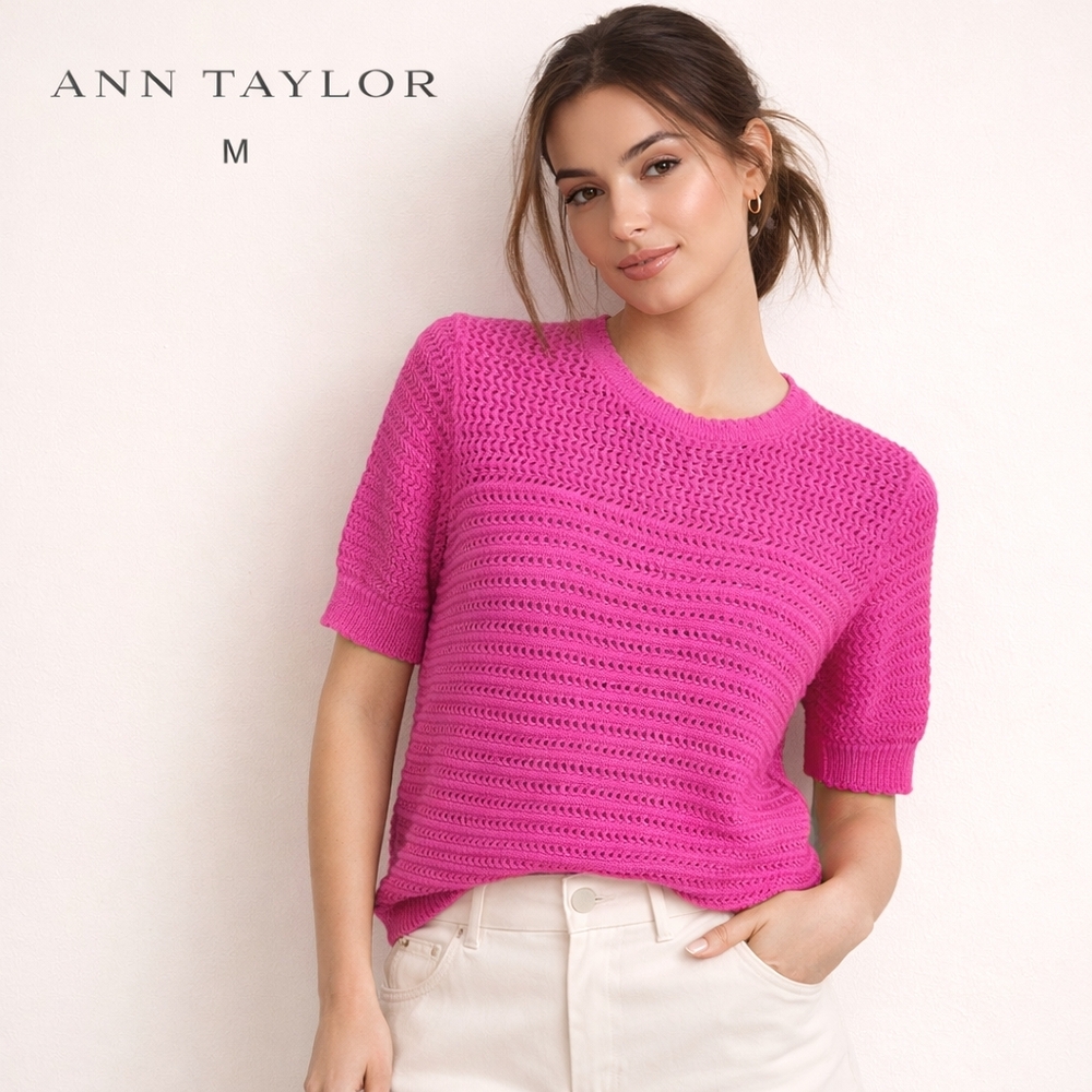 Ann Taylor Pink Crochet Knit Cotton Sweater Short Sleeve Textured Top Size M